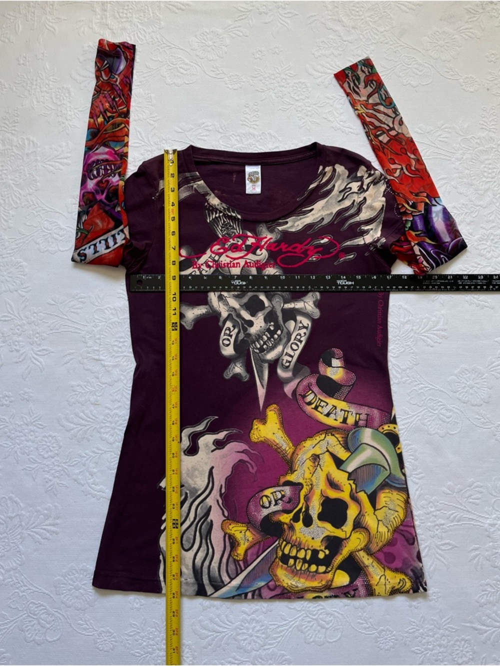 Vintage Ed Hardy Long Mesh Sleeve “Tattoo” Top Shirt M Vintage Y2K - Picture 7 of 15